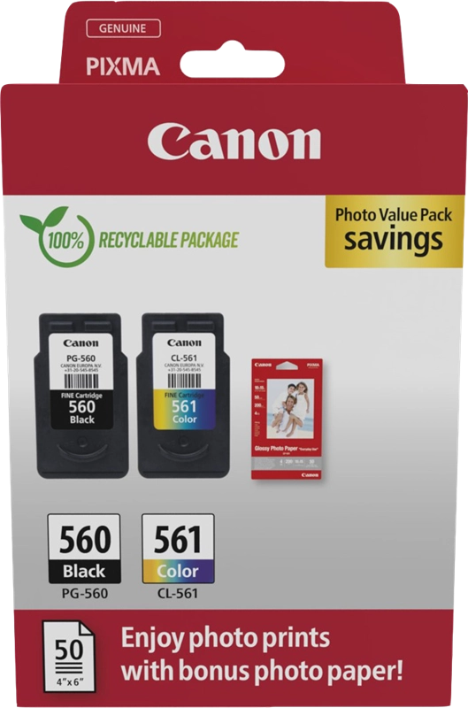 Canon PG-560+CL-561 Schwarz / mehrere Farben / Weiss Value Pack + 10x15 cm Fotopapier 50 Blatt